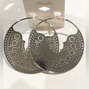 Natasha silver plated oversized filigree style disc hoop earrings brand new